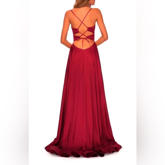 La Femme Wine Red Satin Strappy Back Side Slit Satin Gown Formal Prom Dress - Picture 2 of 9
